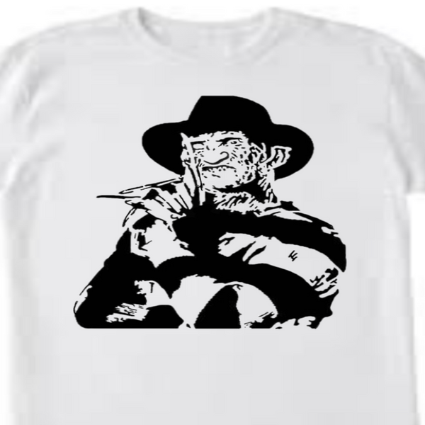 Freddy‑inspired unisex graphic T‑shirt, black with white HTV print, front view”