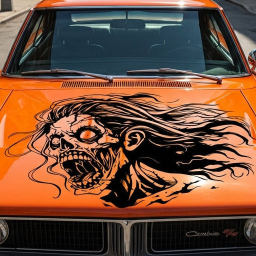 “Female zombie vinyl car/wall decal, black, die‑cut with no background on orange car hood”