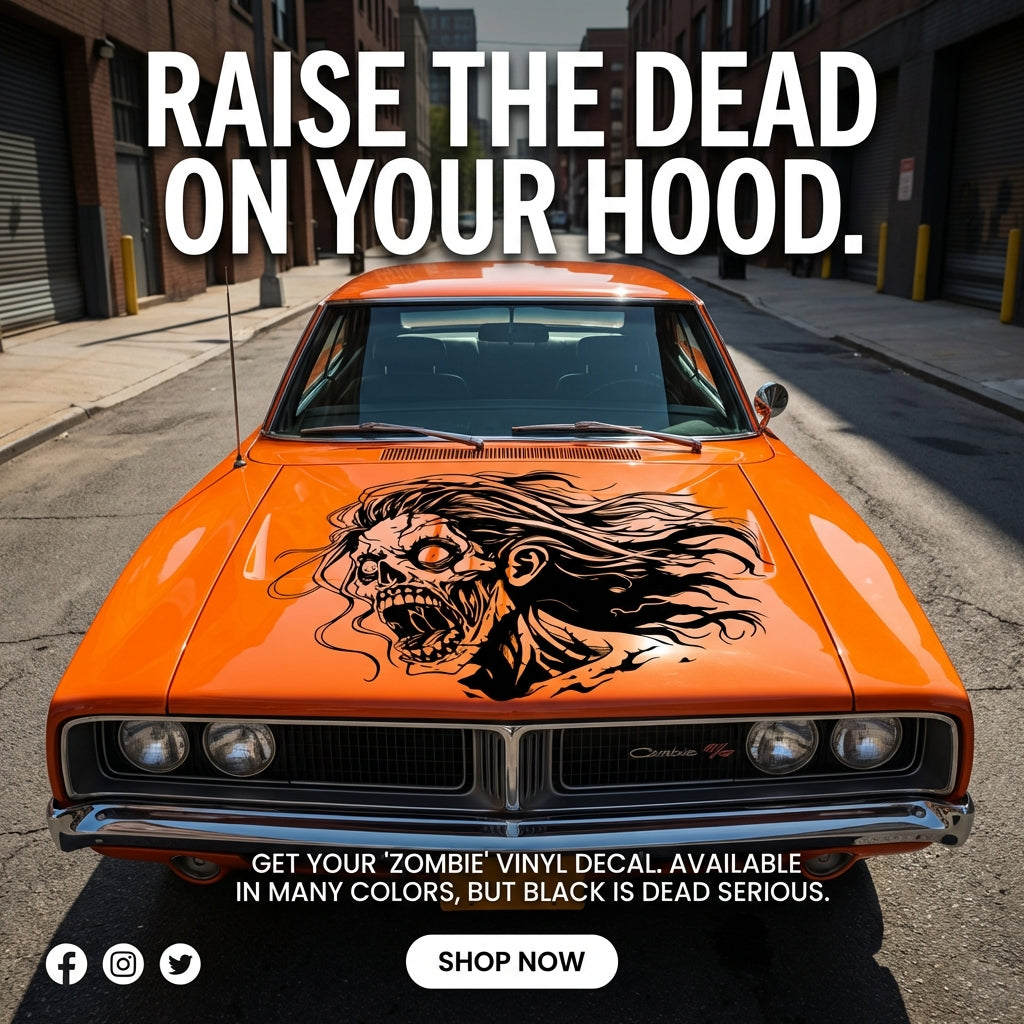 “Female zombie vinyl car/wall decal, white, die‑cut with no background on orange car hood”
