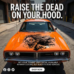 “Female zombie vinyl car/wall decal, white, die‑cut with no background on orange car hood”