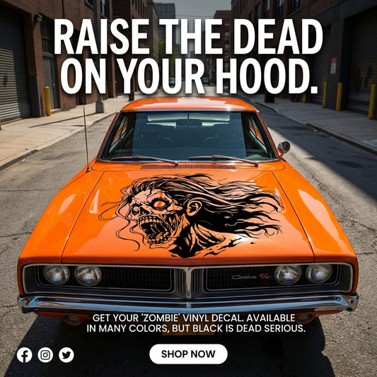 “Female zombie vinyl car/wall decal, white, die‑cut with no background on orange car hood”