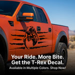 T‑Rex eating raptor vinyl car decal, black on orange truck bedside, die‑cut with no background”