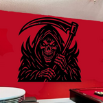 “Black matte Grim Reaper square wall decal, 28×28, high‑contrast silhouette”