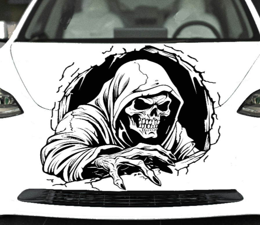 “Grim Reaper vinyl car/wall decal, white, 25.7×20.7 in, die‑cut with no background on hood”