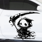 Black matte Grim Reaper wall decal, high‑contrast silhouette on smooth vehicle