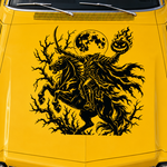 Headless horseman with pumpkin black vinyl decal on yellow car hood