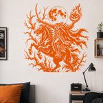 Headless horseman with pumpkin orange vinyl decal on white wall