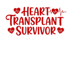 Text 'HEART TRANSPLANT SURVIVOR' with heart and heartbeat line graphics on a white background