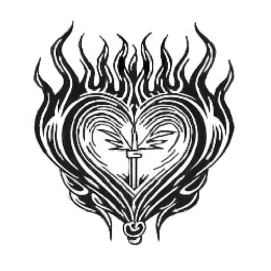 Black and white illustration of a heart with flame-like designs on a white background
