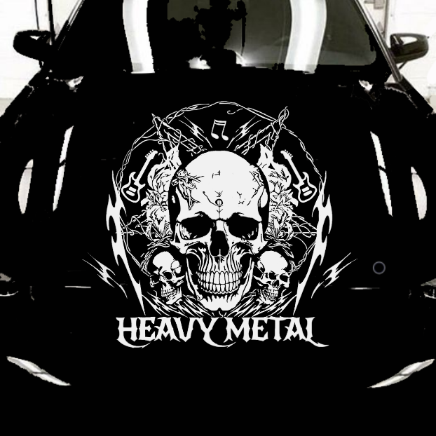 Black car with a skull and 'Heavy Metal' text decal on a white background
