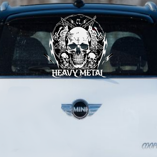 Car with a skull decal on the back window, set against a white background