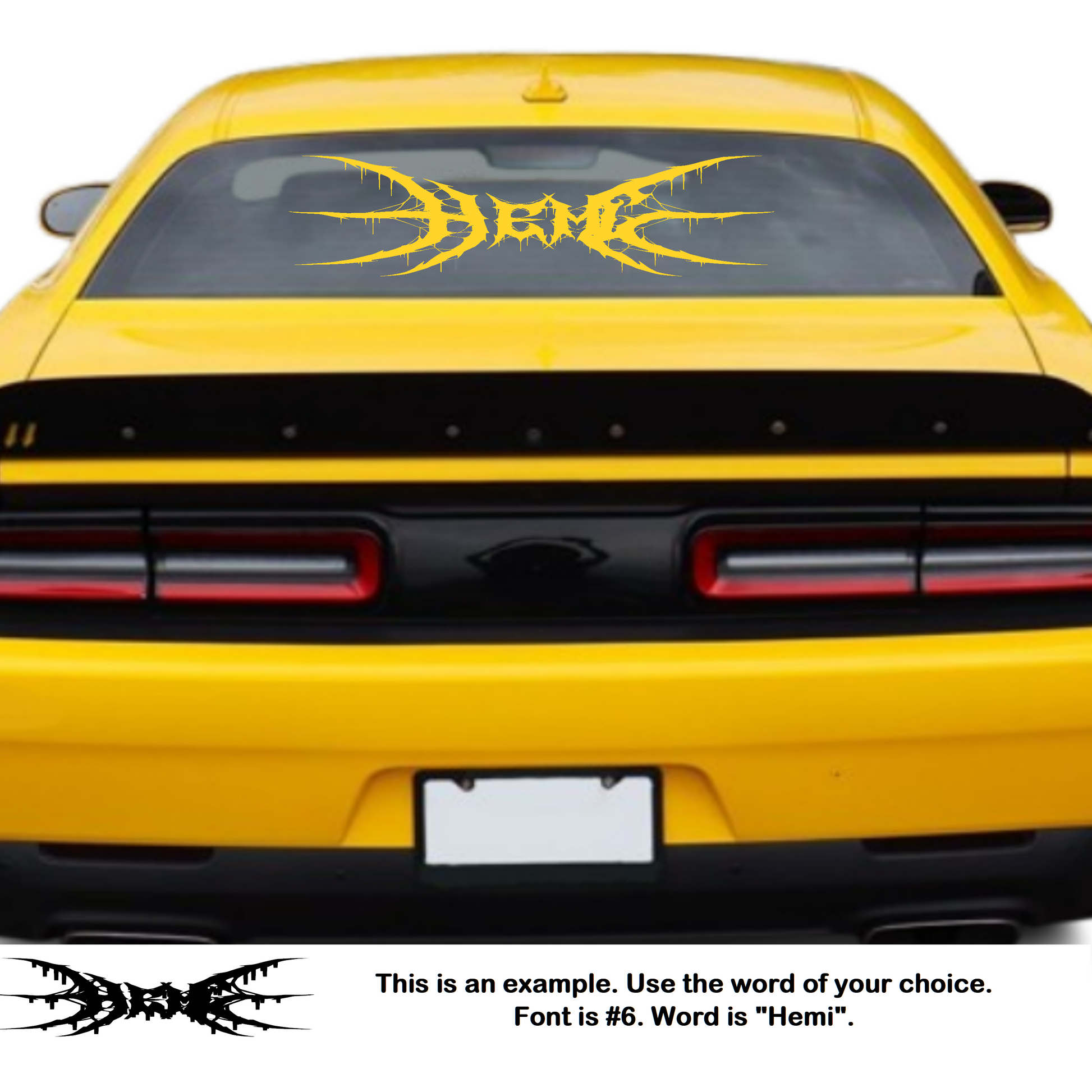 Yellow car with a custom vinyl decal on the rear window.