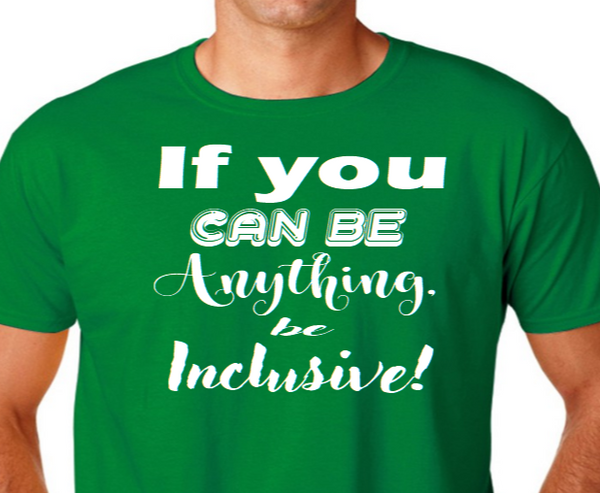 “Be Inclusive unisex graphic t‑shirt, black with white HTV text, front view”