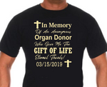 “Organ donor tribute tee, black shirt with yellow vinyl text, personalized transplant date, flat lay”