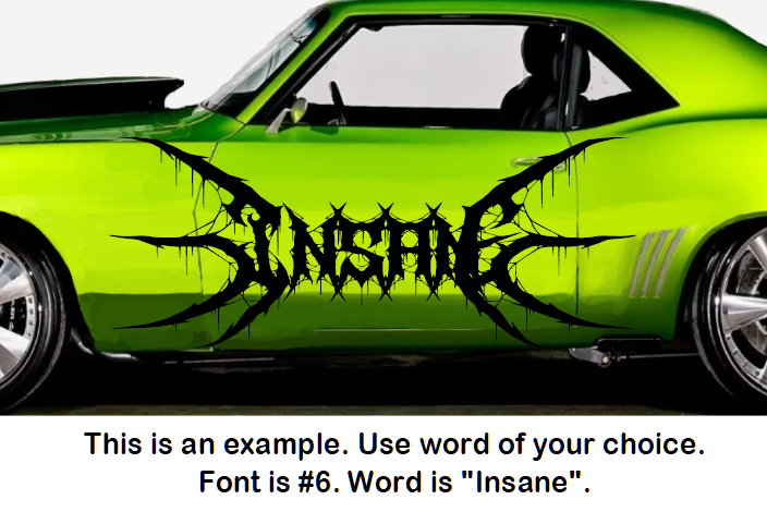 Green muscle car with text overlay on a white background