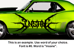 Green muscle car with text overlay on a white background