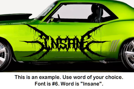 Green muscle car with text overlay on a white background