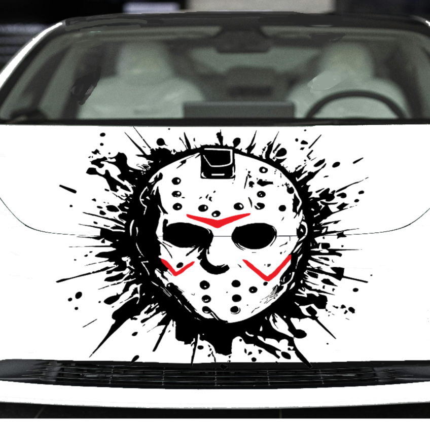 Jason‑inspired Halloween mask vinyl car/wall decal, white, 25×25, die‑cut with no background on hood