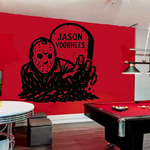 Black matte Jason‑inspired tombstone decal, 29×29, applied to smooth interior wall, high‑contrast silhouette