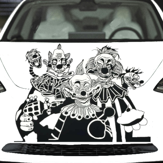 Black matte Killer Klowns–inspired horror decal, 40×29, applied to smooth interior wall