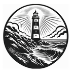 Lighthouse die-cut decal design with sun rays, clouds, seabirds and crashing waves, shown in black on a white background
