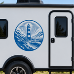 Blue round lighthouse decal on the side of a white teardrop camper trailer