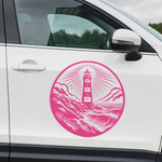 Pink lighthouse decal on the front door of a white SUV