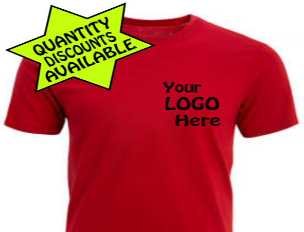 “Company name graphic tee, red shirt with black vinyl text, flat lay”