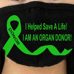 “Black cotton face mask with ‘I Helped Save a Life — I Am an Organ Donor’ white vinyl text, washable, non‑medical”