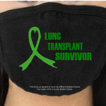 White face mask with green ribbon and 'Lung Transplant Survivor' text on a white background