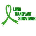 White face mask with green ribbon and 'Lung Transplant Survivor' text on a white background