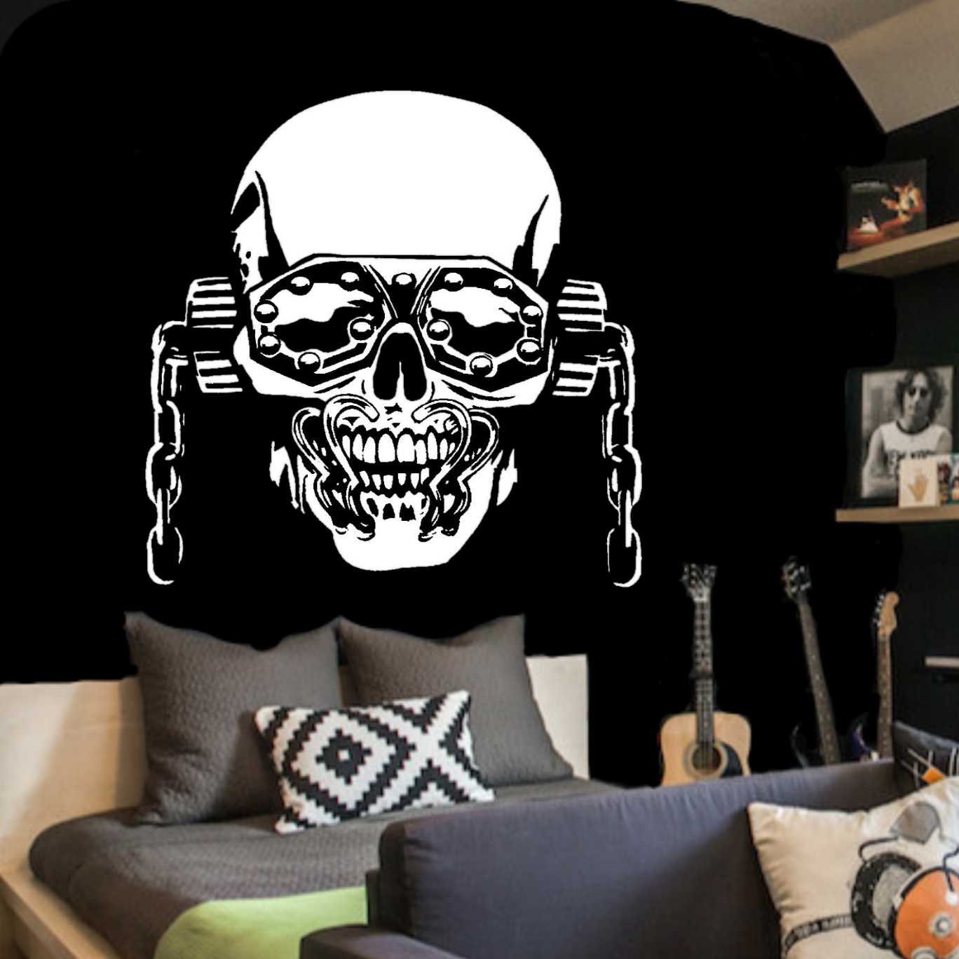 Megadeath Vic Rattlehead white vinyl decal on black interior wall