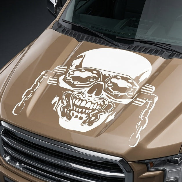 Megadeath Vic Rattlehead White Vinyl Decal on tan truck