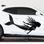 A black mermaid vinyl decal applied to the side of a white sports car, shown in a side profile view against a neutral studio background.