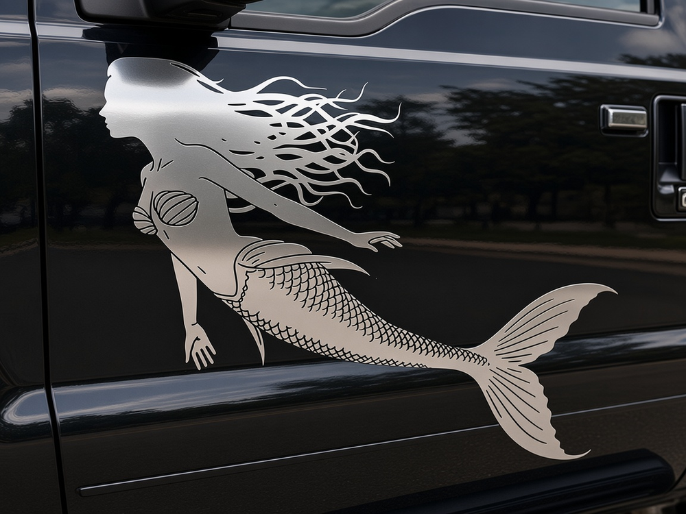 A silver vinyl decal of a mermaid with flowing hair and a detailed scale patterned tail, applied to the side of a black vehicle.