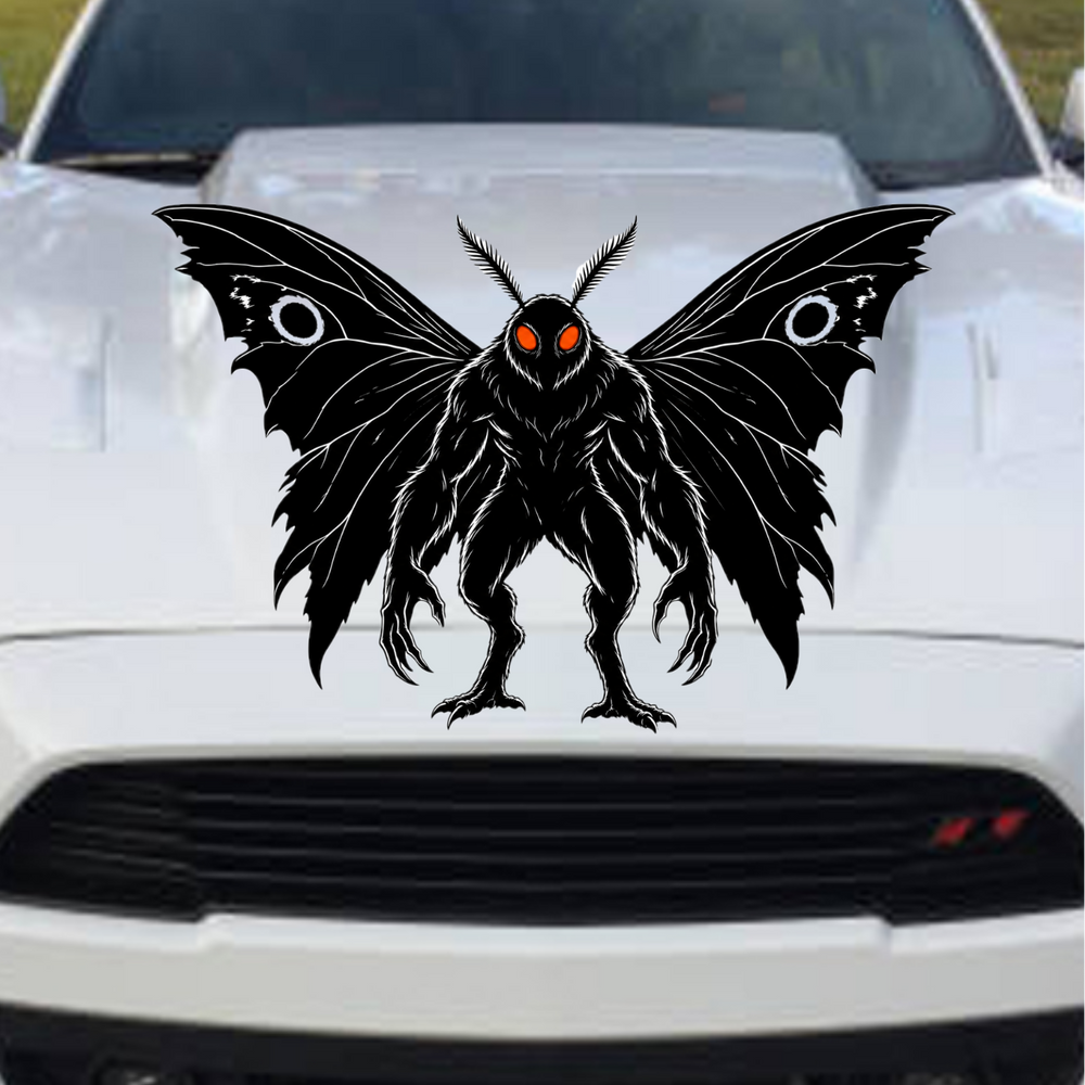 Mothman car decal in black on a white car hood, winged cryptid with antennae and clawed feet
