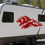 Red Mountain Beast decal on the side of a white travel trailer camper