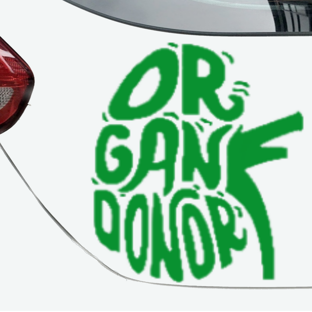 “Organ Donor vinyl car window decal, green, 9‑inch width, die‑cut with no background on car”