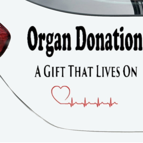“Organ Donation — A Gift of Life" vinyl car window decal, black, 9‑inch width, die‑cut with no background on tinted rear glass”