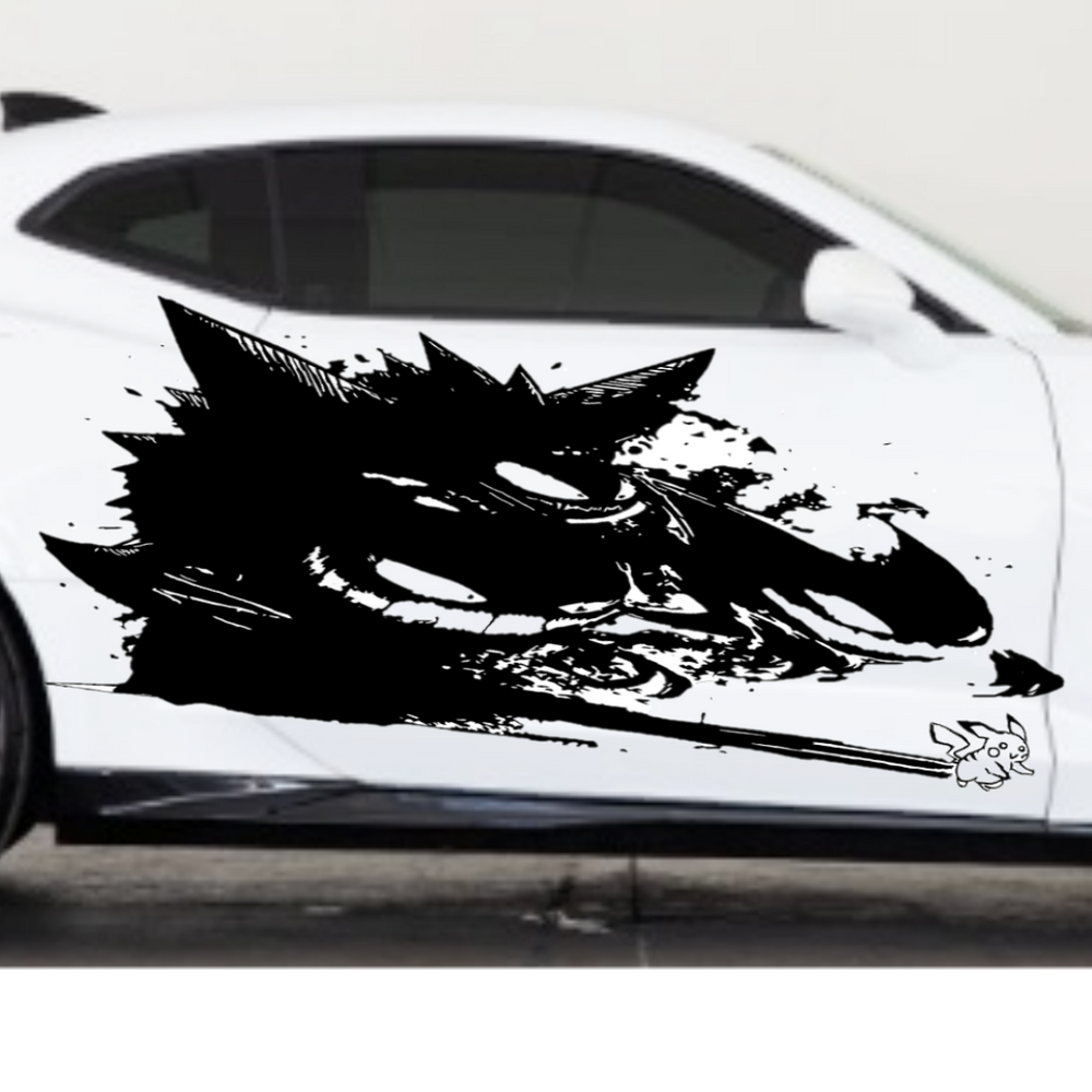 “Pikachu‑inspired vinyl car decal on rear window, white, 40×19.3”