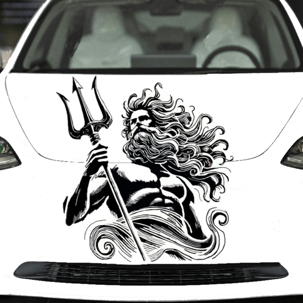 Black matte Poseidon/Neptune square wall decal, 29×29, high‑contrast silhouette on vehicle”