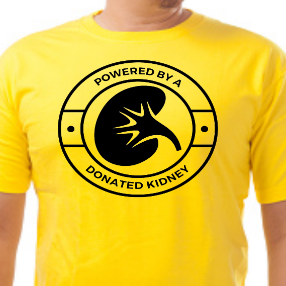 “Powered by a Donated Kidney" unisex graphic t‑shirt, yellow with black HTV text, front view”