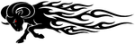 Flaming ram head vinyl decal applied to truck door in black with aggressive flame design