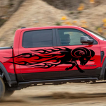 Flaming ram head vinyl decal applied to truck door in black with aggressive flame design