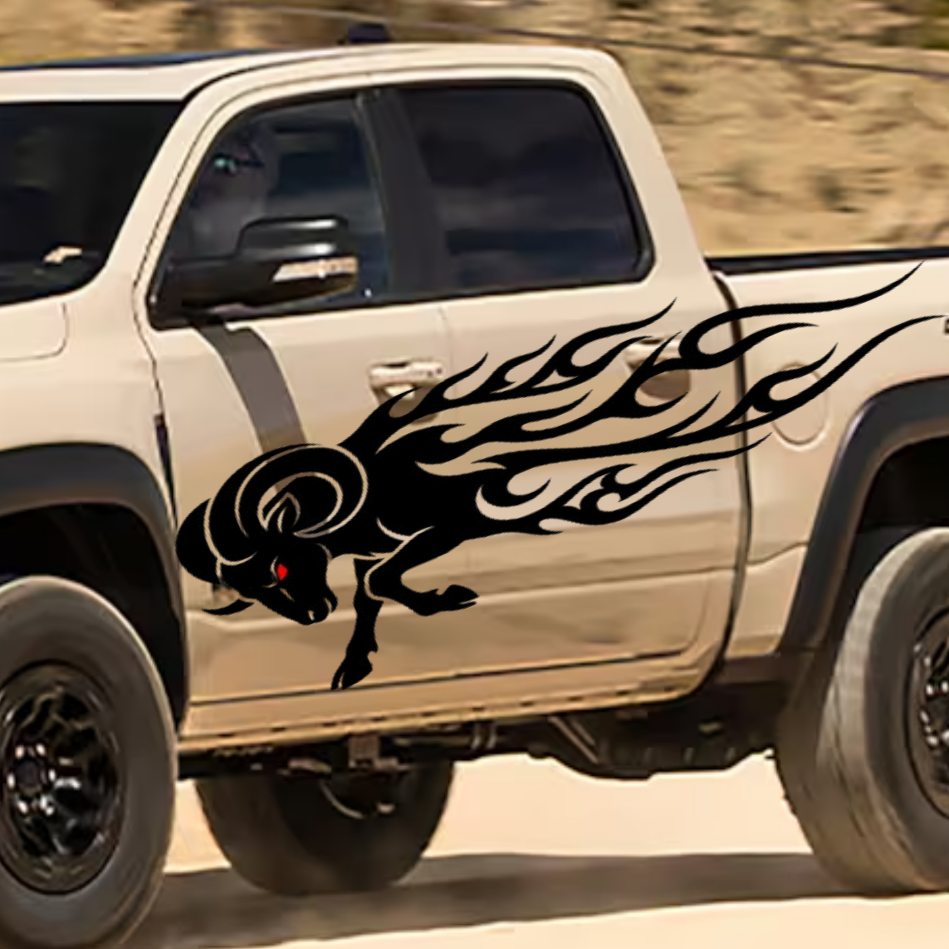 Flaming ram head vinyl decal applied to truck door in black with aggressive flame design