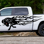 Flaming ram head vinyl decal applied to truck door in black with aggressive flame design
