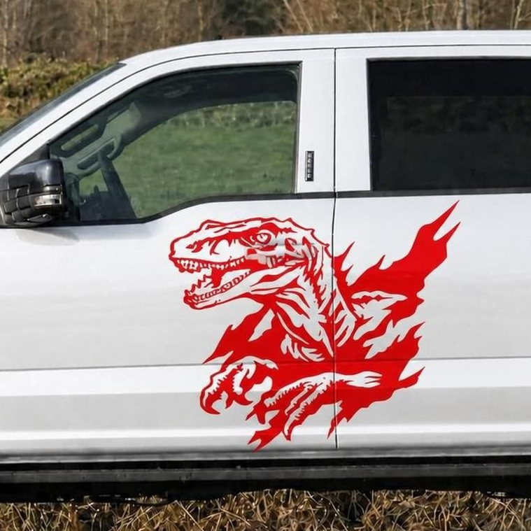 Raptor vinyl decal in red on white truck