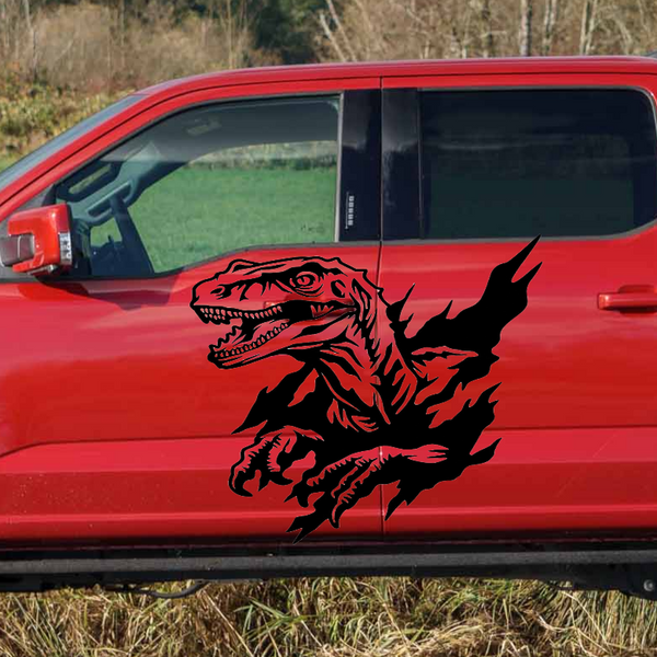 Raptor vinyl decal in black vinyl on red truck