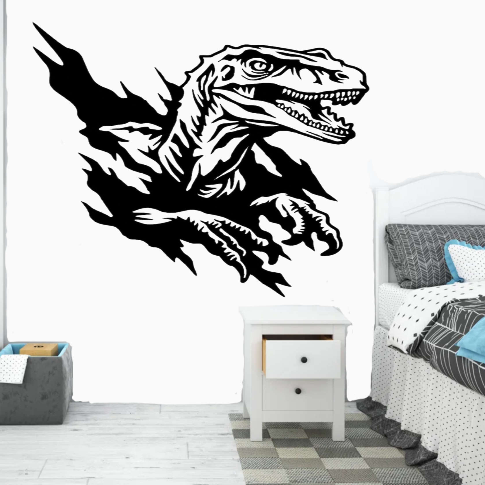 Raptor vinyl decal in black vinyl on bedroom wall