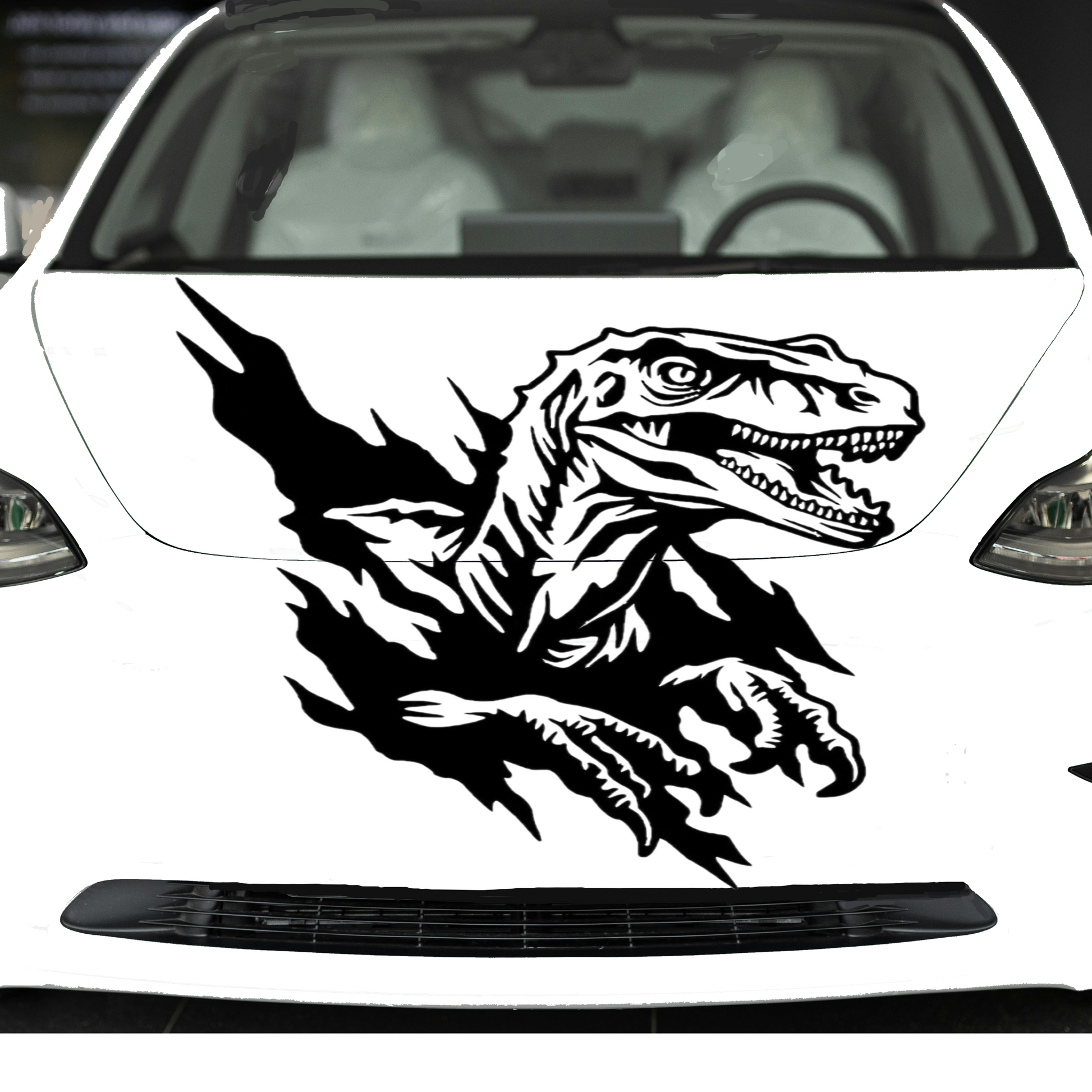 Raptor vinyl decal in black vinyl on white car hood